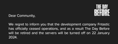 Серверы The Day Before перестанут работать 22 января 2024 года - zoneofgames.ru
