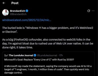 Создатель JavaScript раскритиковал Microsoft за обилие веб-технологий в Windows 11 - playground.ru