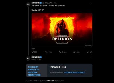 Ремастер Oblivion займе 120 Гб на ПК, якщо вірити датамайнерамФорум PlayStation - ps4.in.ua